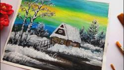 آموزش نقاشی رنگ روغن کلبه در زمستان