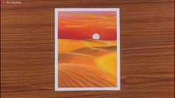 آموزش نقاشی پاستل غروب خورشید در صحرا