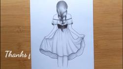 آموزش نقاشی سیاه قلم ترسیم دختر با لباس زیبا