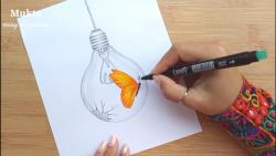 آموزش نقاشی سیاه قلم پروانه داخل لامپ