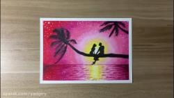 آموزش نقاشی پاستل منظره عاشقانه روی درخت نخل