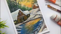 آموزش نقاشی رنگ روغن منظره دهکده در زمستان