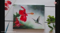 آموزش نقاشی رنگ روغن پرنده و گل ختمی