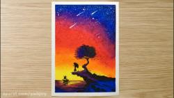 آموزش نقاشی پاستل آسمان و درخت و دختر