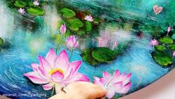 آموزش نقاشی رنگ روغن برگ و گل روی آب