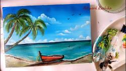 آموزش نقاشی رنگ روغن قایق و ساحل و نخل