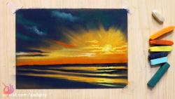 آموزش نقاشی پاستل غروب خورشید و دریا