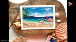 آموزش نقاشی رنگ روغن جزیره و فلامینگو
