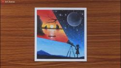 آموزش نقاشی پاستل دختر و تلسکوپ