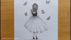 آموزش نقاشی سیاه قلم دختر و پروانه ها