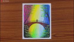 آموزش نقاشی پاستل منظره روی پل با رنگین کمان